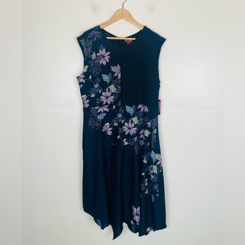Vince‎ Camuto Size 12 Satin Handkerchief Hem Asymmetrical Midi Dress Floral Blue